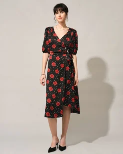 The V Neck Puff Sleeve Floral Wrap Midi Dress -Deals Dress N Swimwear Store the v neck floral wrap dress dresses cxshh5 431687