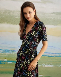 The Black V Neck Floral Tie Back Midi Dress -Deals Dress N Swimwear Store the v neck floral wrap dress dresses fcff7f