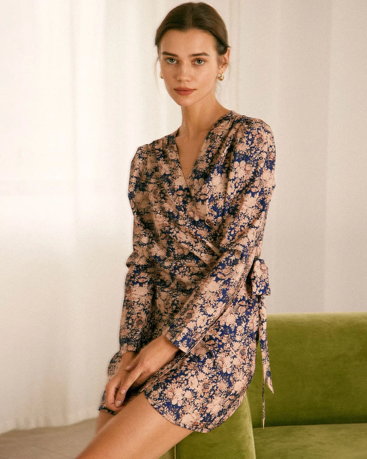 The V-Neck Floral Wrap Long Sleeve Mini Dress 3 The V-Neck Floral Wrap Long Sleeve Mini Dress - Image 3