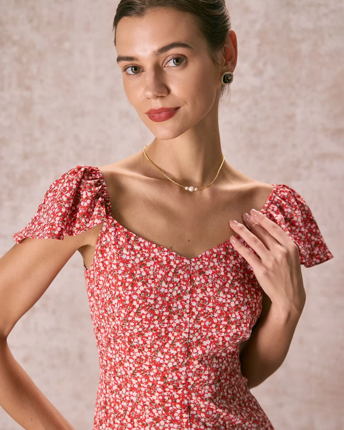 The Red V-Neck Front Slit Floral Midi Dress 2 The Red V-Neck Front Slit Floral Midi Dress - Image 2