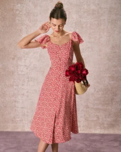 The Red V-Neck Front Slit Floral Midi Dress 9 The Red V-Neck Front Slit Floral Midi Dress -Deals Dress N Swimwear Store the v neck front slit floral dress red dresses uktpfk