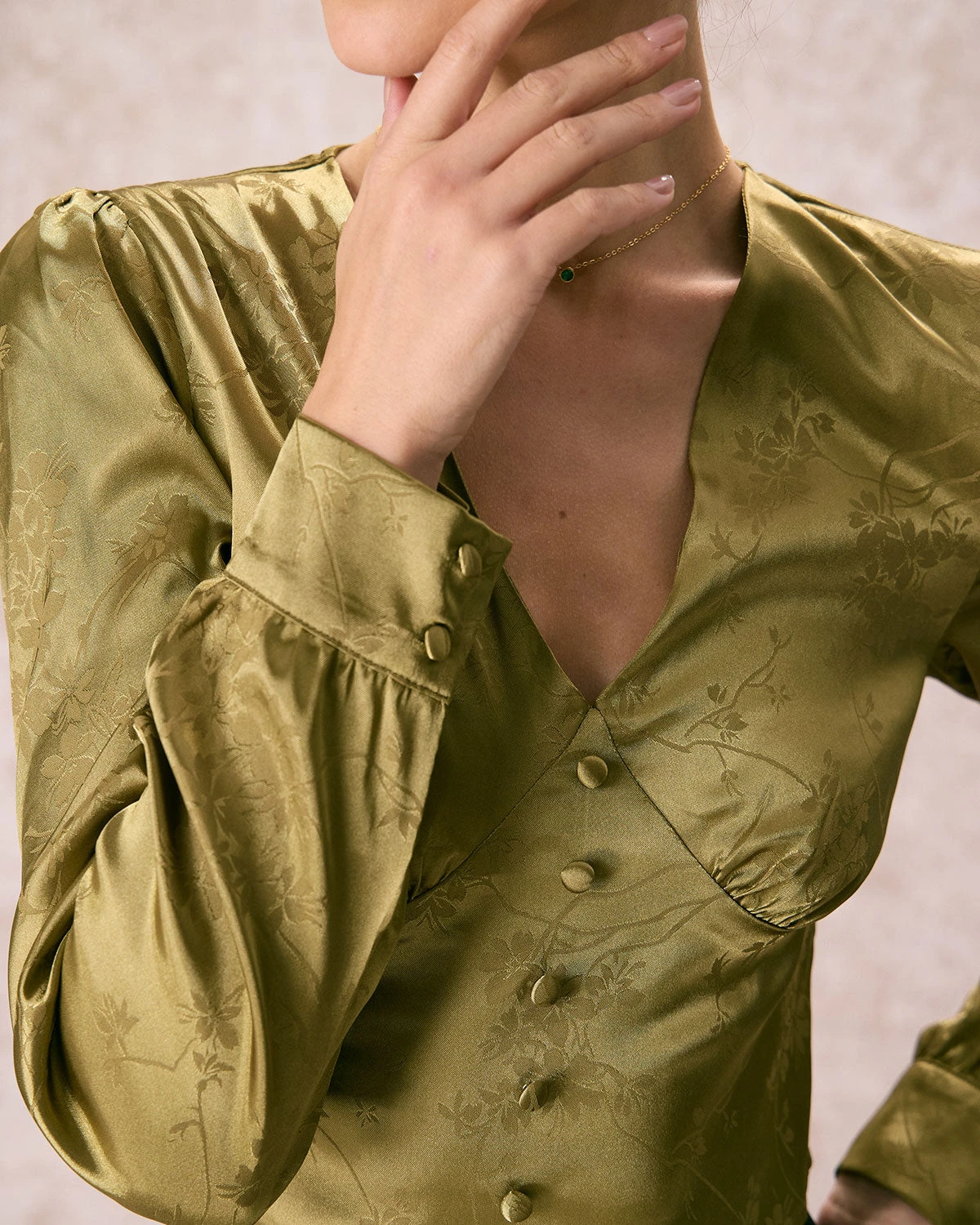 The Green V Neck Jacquard Satin Blouse 2 The Green V Neck Jacquard Satin Blouse - Image 2