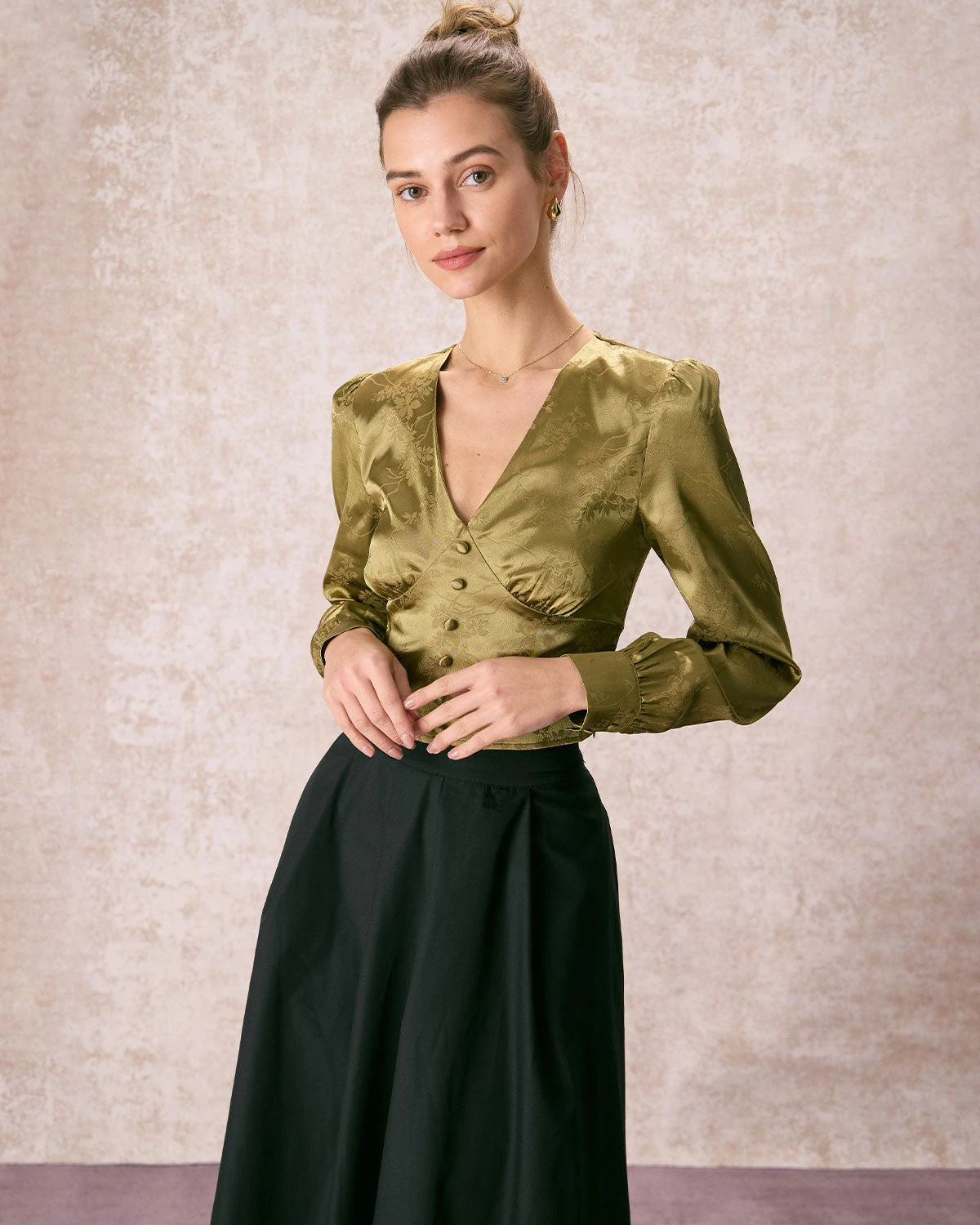 The Green V Neck Jacquard Satin Blouse 4 The Green V Neck Jacquard Satin Blouse - Image 4