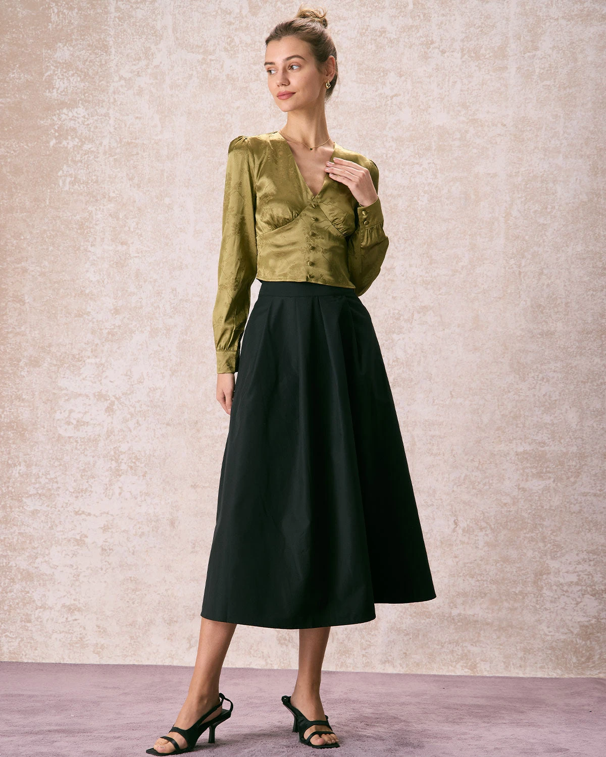 The Green V Neck Jacquard Satin Blouse 3 The Green V Neck Jacquard Satin Blouse - Image 3