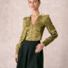 The Green V Neck Jacquard Satin Blouse