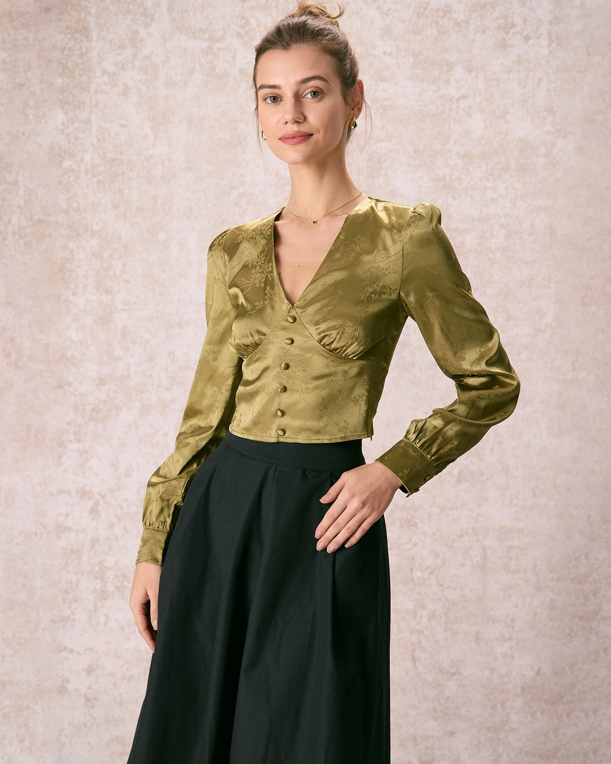 The Green V Neck Jacquard Satin Blouse 1 The Green V Neck Jacquard Satin Blouse