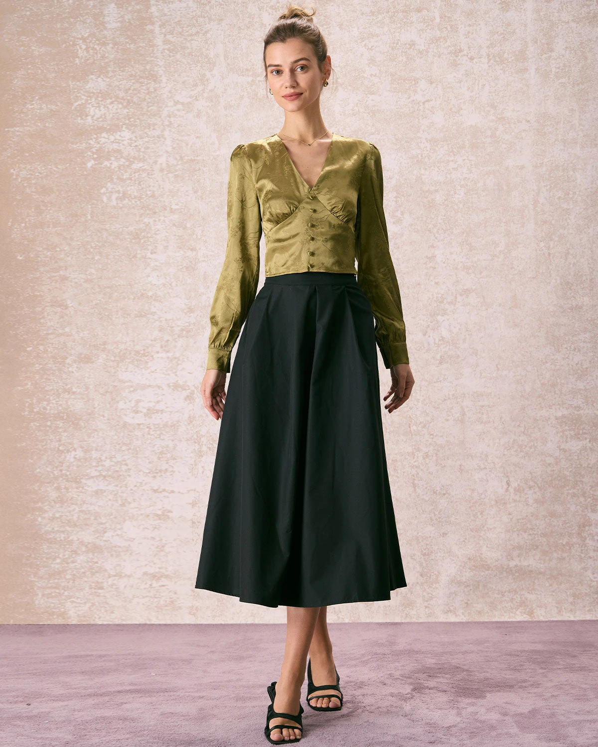 The Green V Neck Jacquard Satin Blouse 5 The Green V Neck Jacquard Satin Blouse - Image 5