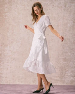 The White V Neck Jacquard Wrap Midi Dress -Deals Dress N Swimwear Store the v neck jacquard wrap dress dresses t2p6yb