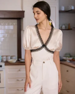 The Apricot V-Neck Lace Puff Sleeve Blouse 6 The Apricot V-Neck Lace Puff Sleeve Blouse -Deals Dress N Swimwear Store the v neck lace puff sleeve blouse tops lzyy0l