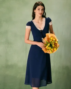 The Navy V-Neck Lace Trim Midi Dress -Deals Dress N Swimwear Store the v neck lace trim dress dresses 6r0bht