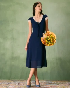 The Navy V-Neck Lace Trim Midi Dress -Deals Dress N Swimwear Store the v neck lace trim dress dresses hctvnp