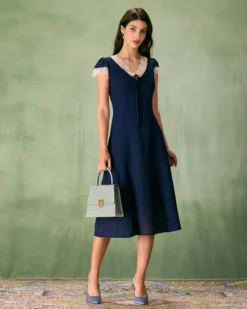 The Navy V-Neck Lace Trim Midi Dress -Deals Dress N Swimwear Store the v neck lace trim dress dresses r4ehkd