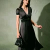 The Black V-Neck Lace Trim Satin Midi Dress