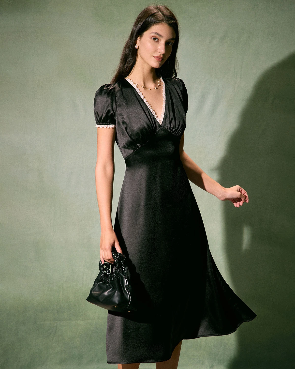 The Black V-Neck Lace Trim Satin Midi Dress 1 The Black V-Neck Lace Trim Satin Midi Dress