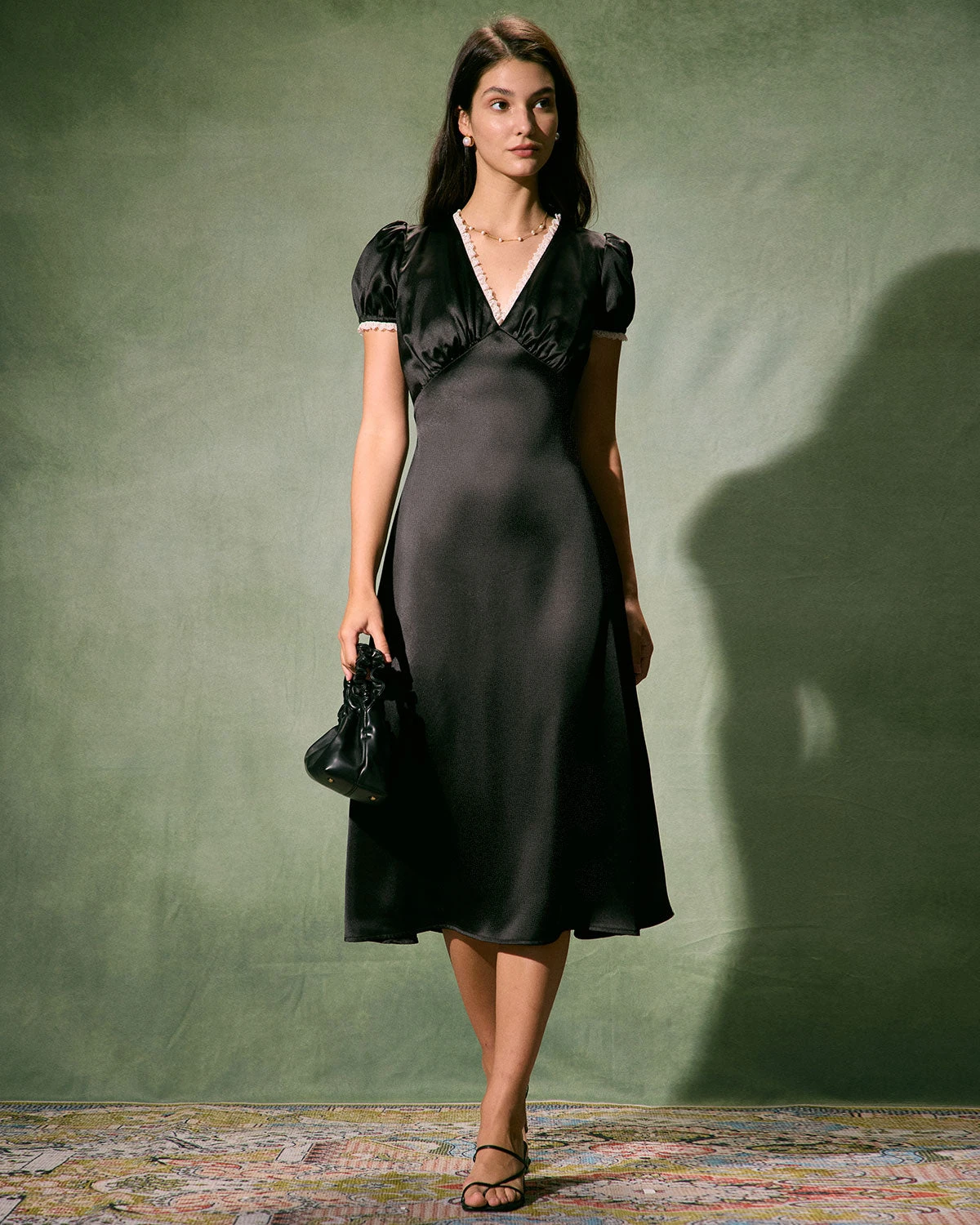 The Black V-Neck Lace Trim Satin Midi Dress 2 The Black V-Neck Lace Trim Satin Midi Dress - Image 2