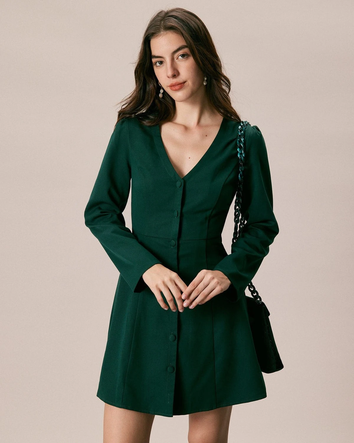 The Green V Neck Button Shirt Mini Dress 1 The Green V Neck Button Shirt Mini Dress