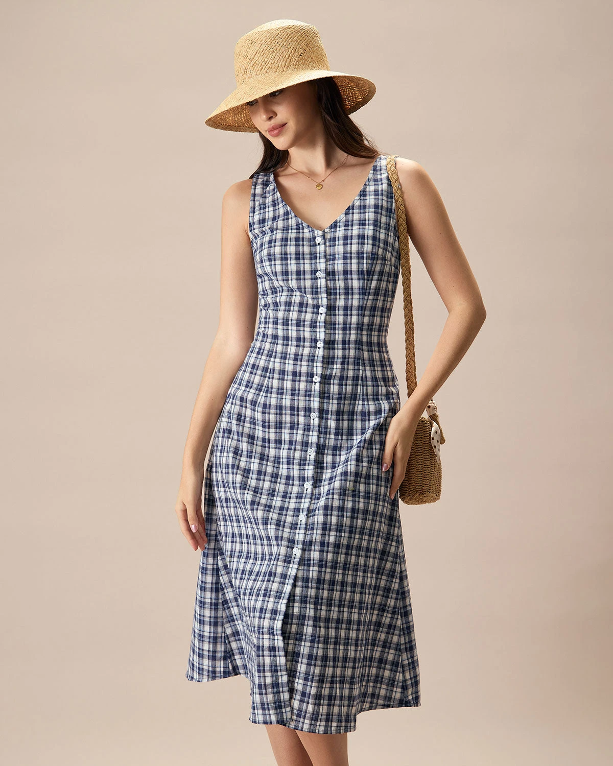 The Blue V Neck Plaid Button Cotton Midi Dress 1 The Blue V Neck Plaid Button Cotton Midi Dress