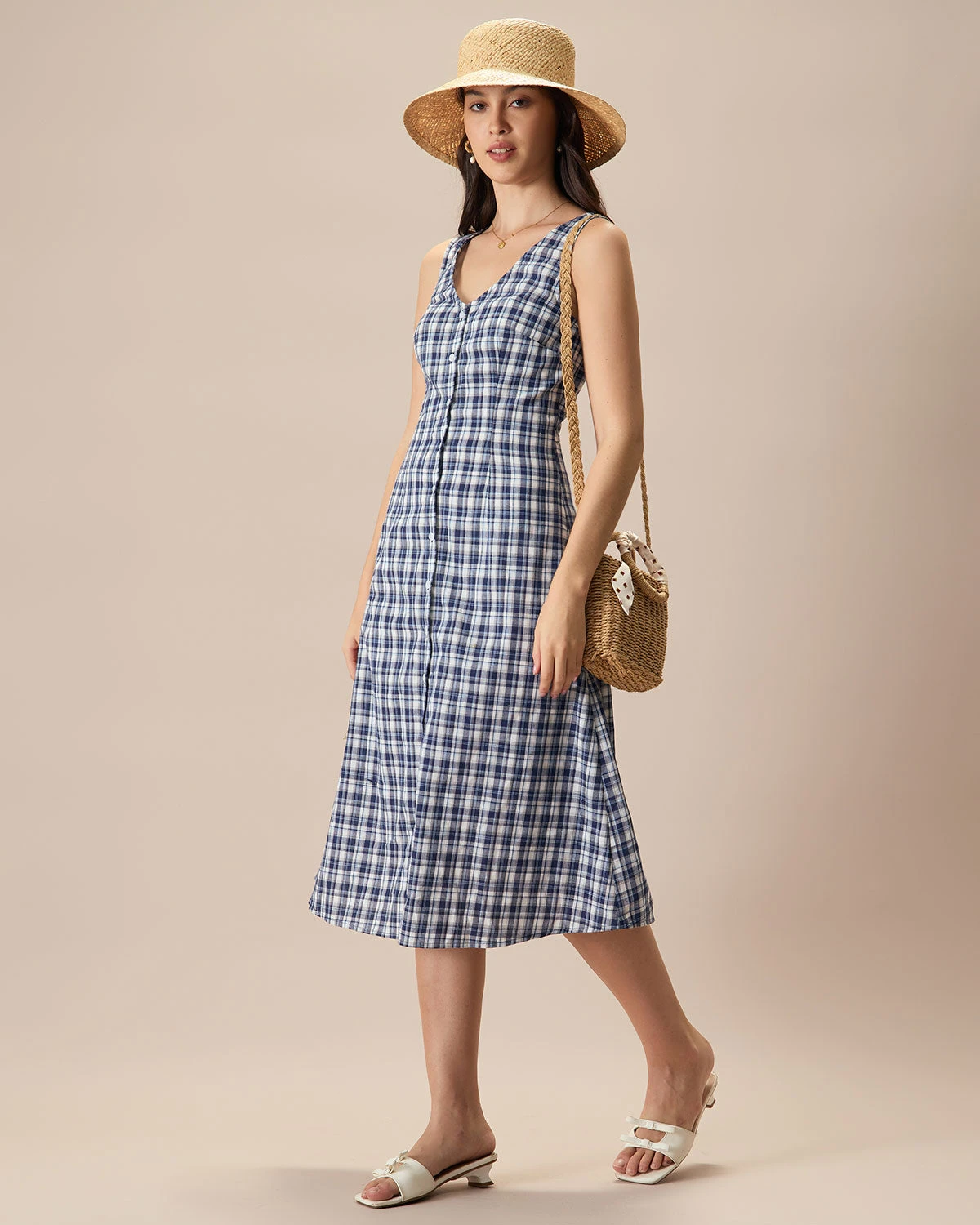 The Blue V Neck Plaid Button Cotton Midi Dress 4 The Blue V Neck Plaid Button Cotton Midi Dress - Image 4