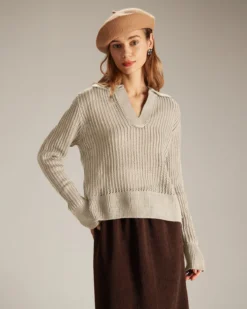 The Apricot V Neck Pointelle Ribbed Sweater