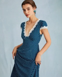 The Navy V Neck Polka Dot Lace Ruched Maxi Dress -Deals Dress N Swimwear Store the v neck polka dot dress dresses bl1nn7 985462