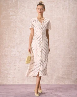 The Beige V Neck Polka Dot Button Midi Dress -Deals Dress N Swimwear Store the v neck polka dot midi dress beige dresses 0w5fs2