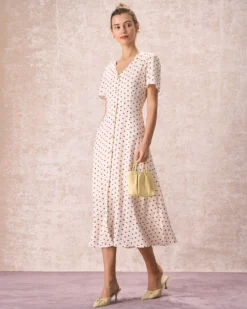 The Beige V Neck Polka Dot Button Midi Dress -Deals Dress N Swimwear Store the v neck polka dot midi dress dresses cbrjvd
