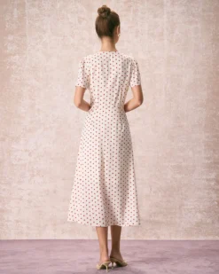 The Beige V Neck Polka Dot Button Midi Dress -Deals Dress N Swimwear Store the v neck polka dot midi dress dresses ux0zwg