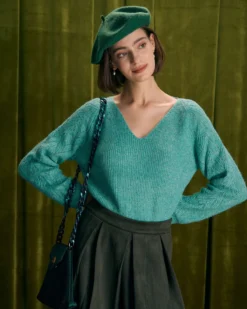 The Green V Neck Ribbed Raglan Sleeve Sweater