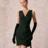 The Black V Neck Ruched Wrap Mini Dress