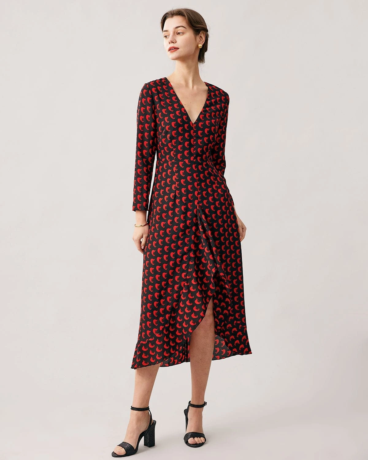 The Red V Neck Slit Long Sleeve Midi Dress 4 The Red V Neck Slit Long Sleeve Midi Dress - Image 4