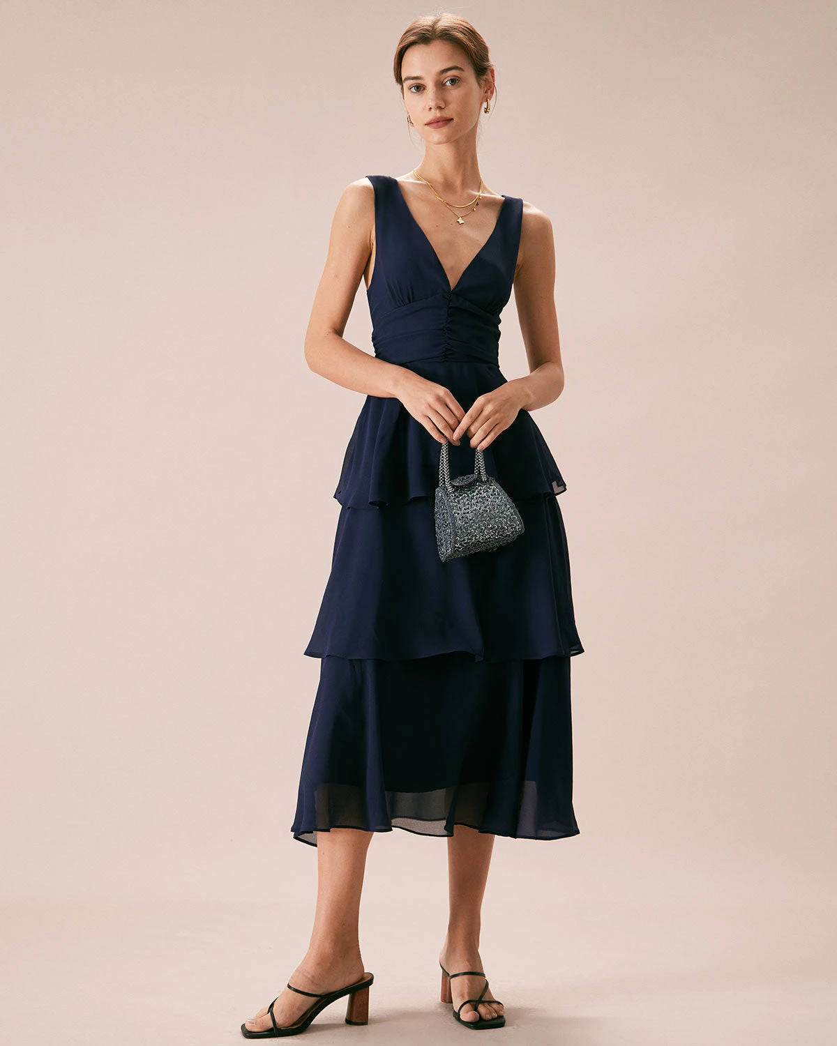 The Navy V Neck Ruffle Layered Midi Dress 2 The Navy V Neck Ruffle Layered Midi Dress - Image 2