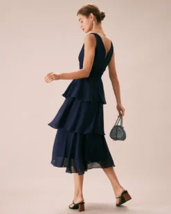 The Navy V Neck Ruffle Layered Midi Dress 11 The Navy V Neck Ruffle Layered Midi Dress -Deals Dress N Swimwear Store the v neck ruffle layer dress dresses dm9fkq