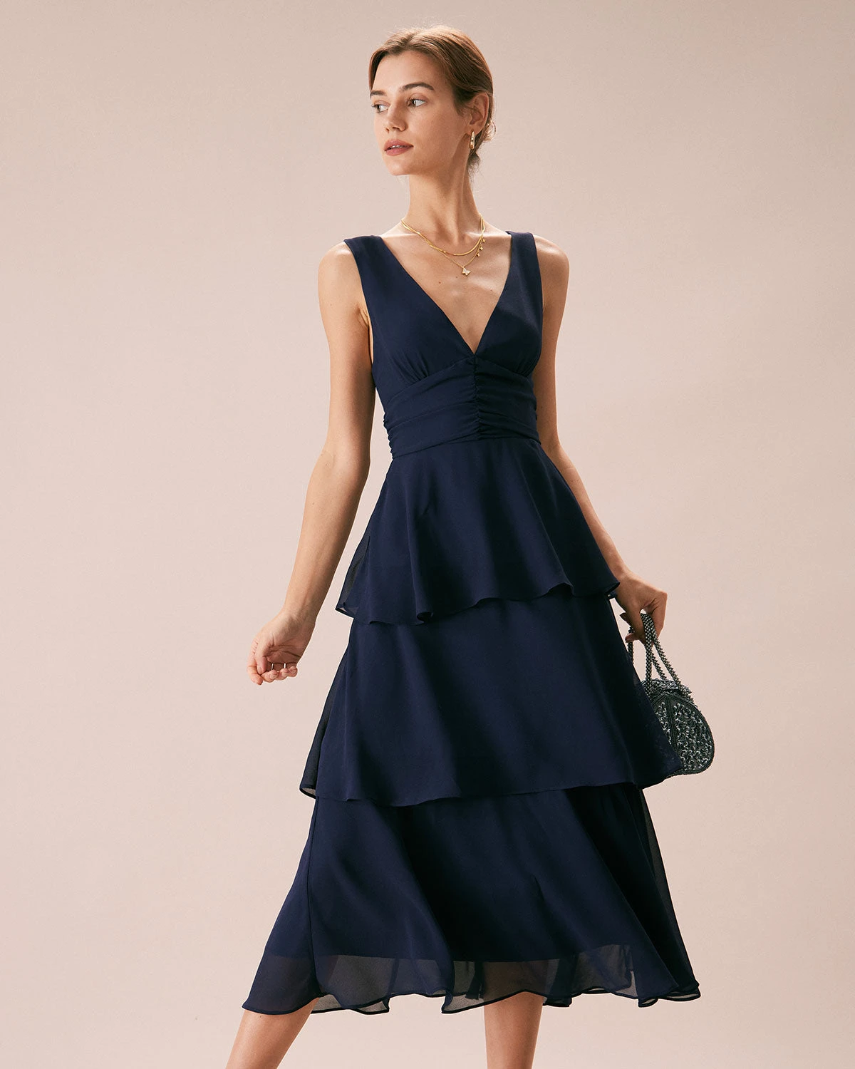 The Navy V Neck Ruffle Layered Midi Dress 3 The Navy V Neck Ruffle Layered Midi Dress - Image 3