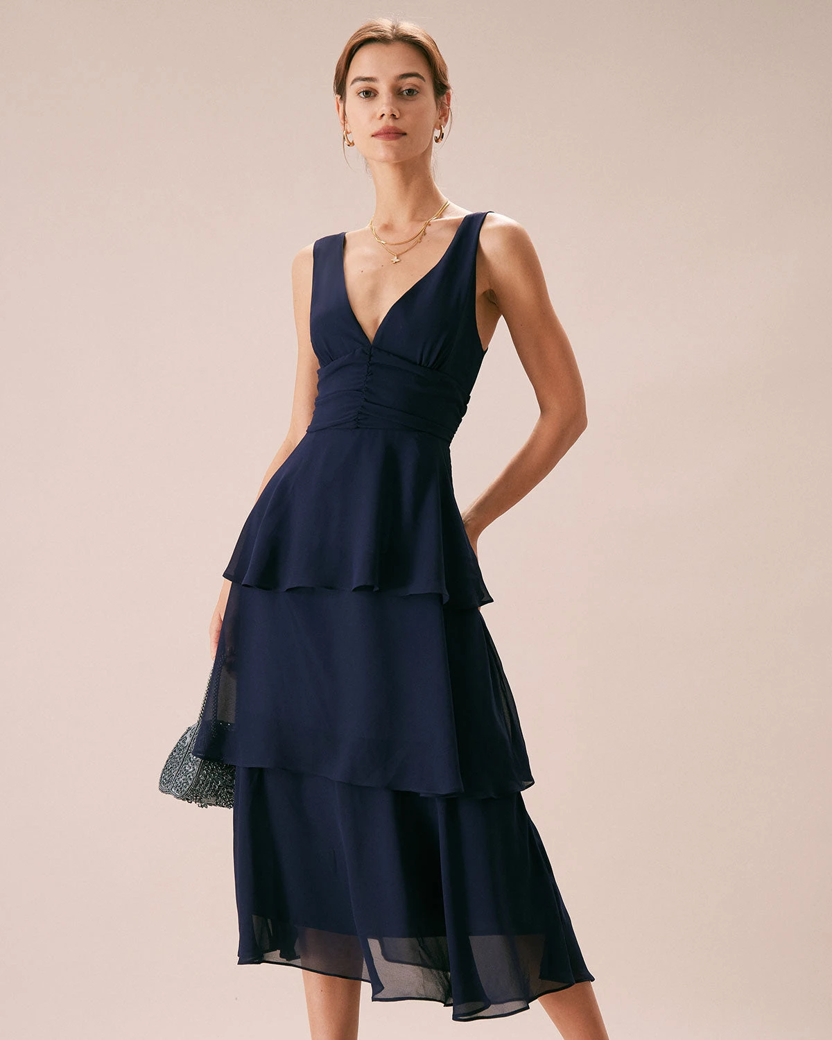 The Navy V Neck Ruffle Layered Midi Dress 1 The Navy V Neck Ruffle Layered Midi Dress
