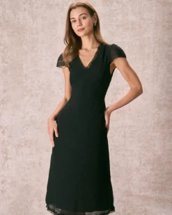 The Black V Neck Ruffle Sheer Midi Dress