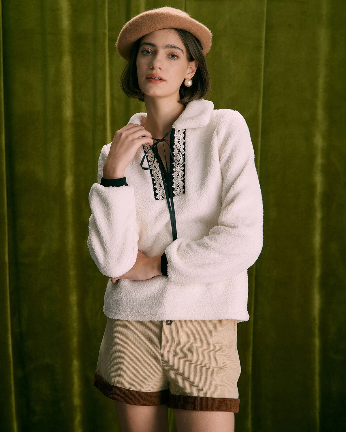 The Beige V Neck Spliced Teddy Sweatshirt 3 The Beige V Neck Spliced Teddy Sweatshirt - Image 3