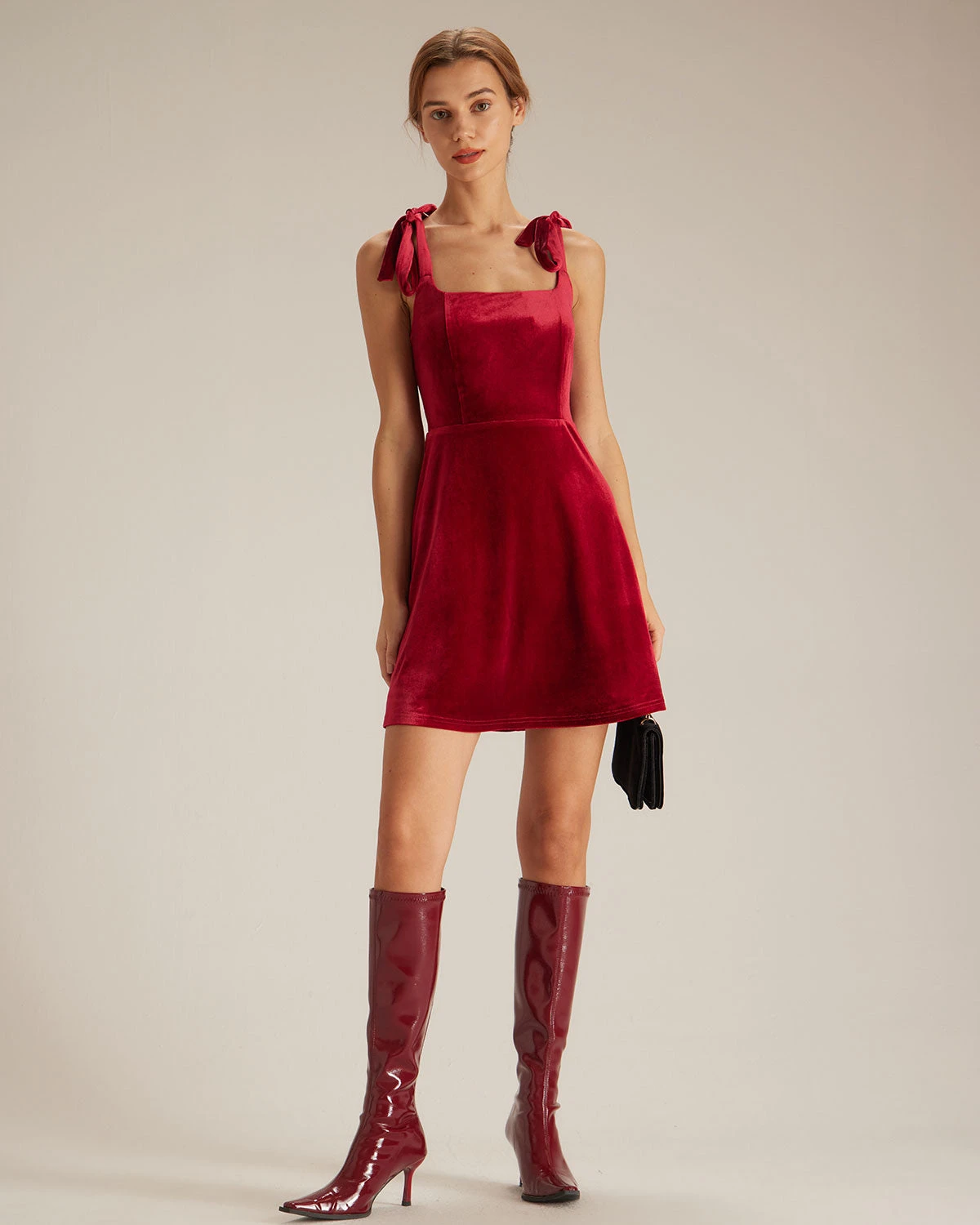 The Red Tie Shoulder Velvet A-Line Mini Dress 4 The Red Tie Shoulder Velvet A-Line Mini Dress - Image 4