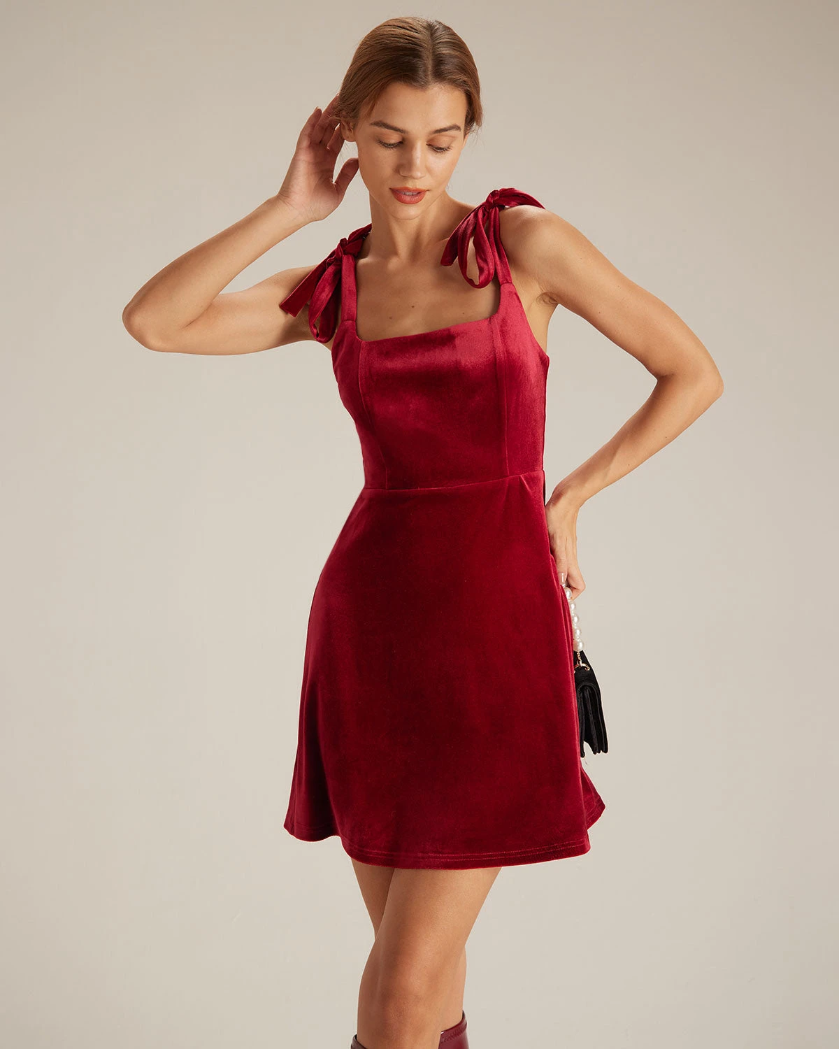 The Red Tie Shoulder Velvet A-Line Mini Dress 1 The Red Tie Shoulder Velvet A-Line Mini Dress