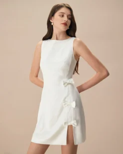 The White Boat Neck Bowknot Satin Mini Dress -Deals Dress N Swimwear Store the white boat neck bowknot mini dress dresses xjbyls