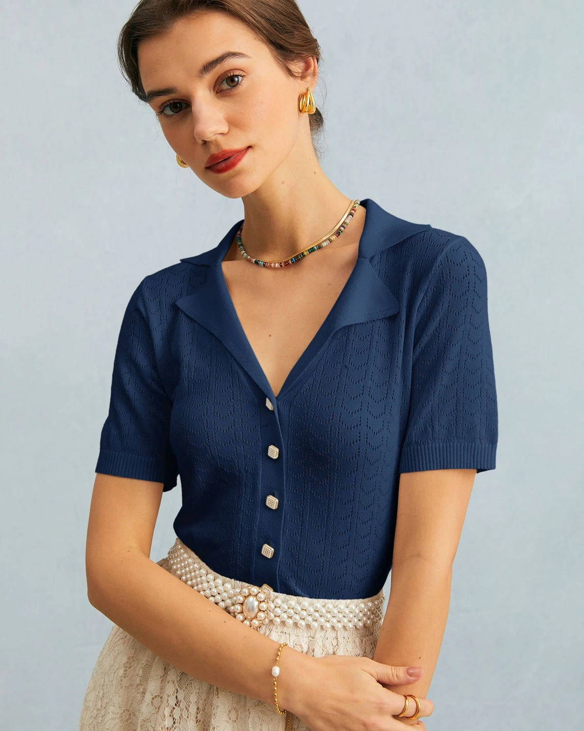 The Navy Collared Pointelle Knit Top 1 The Navy Collared Pointelle Knit Top
