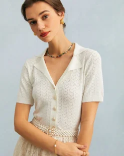 The White Collared Pointelle Knit Top