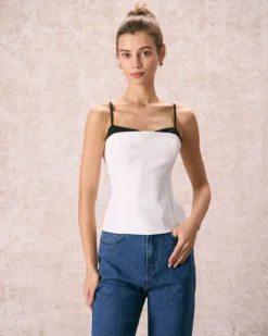 The White Colorblock Shirred Strap Cami Top