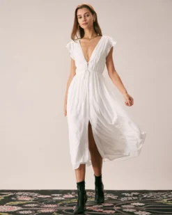 The White Deep V Neck Pleated Midi Dress 8 The White Deep V Neck Pleated Midi Dress -Deals Dress N Swimwear Store the white deep v neck pleated midi dress dresses rlzwte
