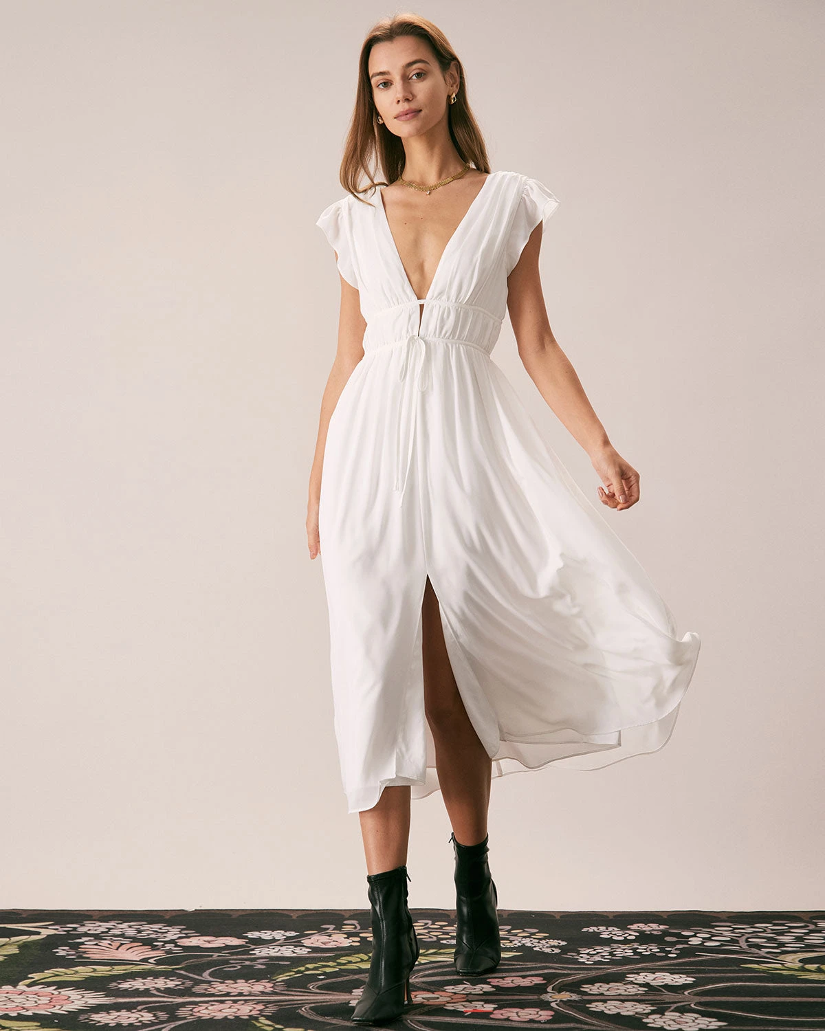 The White Deep V Neck Pleated Midi Dress 3 The White Deep V Neck Pleated Midi Dress - Image 3
