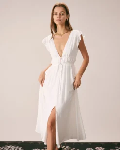 The White Deep V Neck Pleated Midi Dress