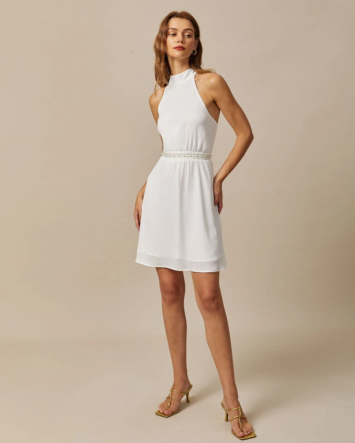The White Mock Neck Pearls Backless Mini Dress 2 The White Mock Neck Pearls Backless Mini Dress - Image 2