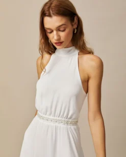 The White Mock Neck Pearls Backless Mini Dress 8 The White Mock Neck Pearls Backless Mini Dress -Deals Dress N Swimwear Store the white halter pearl mini dress dresses oqpo8w 869314