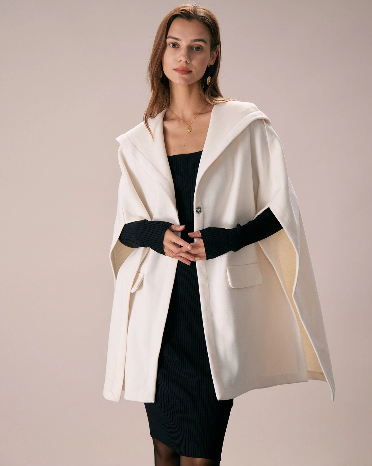 The White Hooded Batwing Sleeve Cape Coat 1 The White Hooded Batwing Sleeve Cape Coat