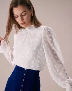 The White Mock Neck Dobby Sheer Blouse 7 The White Mock Neck Dobby Sheer Blouse -Deals Dress N Swimwear Store the white mock neck dobby sheer blouse tops ksqnnk