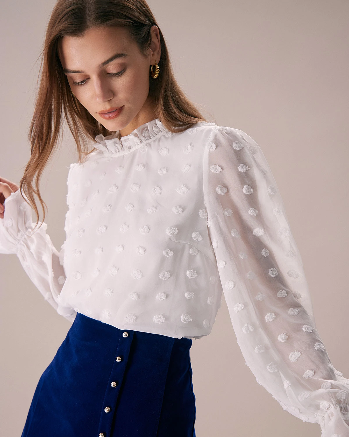 The White Mock Neck Dobby Sheer Blouse 3 The White Mock Neck Dobby Sheer Blouse - Image 3